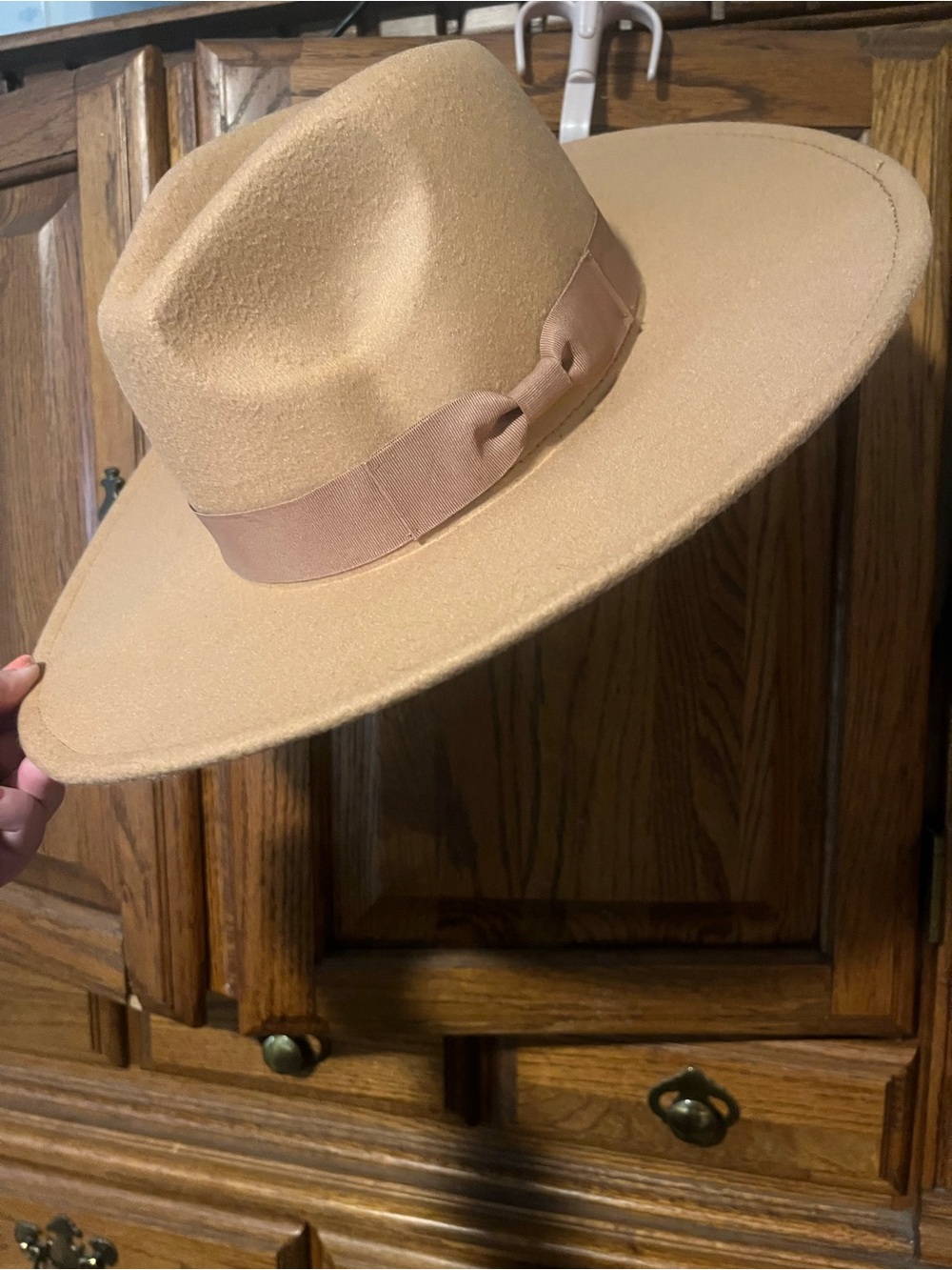 Wide-Brim Felt Fedora Hat in Tan for Women